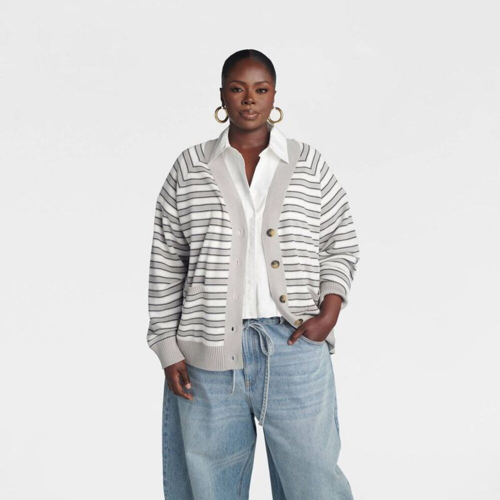 KBB by KAHLANA Women's 'The Grandpa Cardi Sweater' - Gray Striped 1X